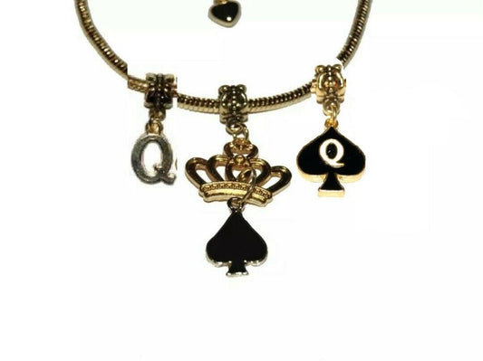Queen Of Spades Enamel and Add Charms Euro Anklet Gold