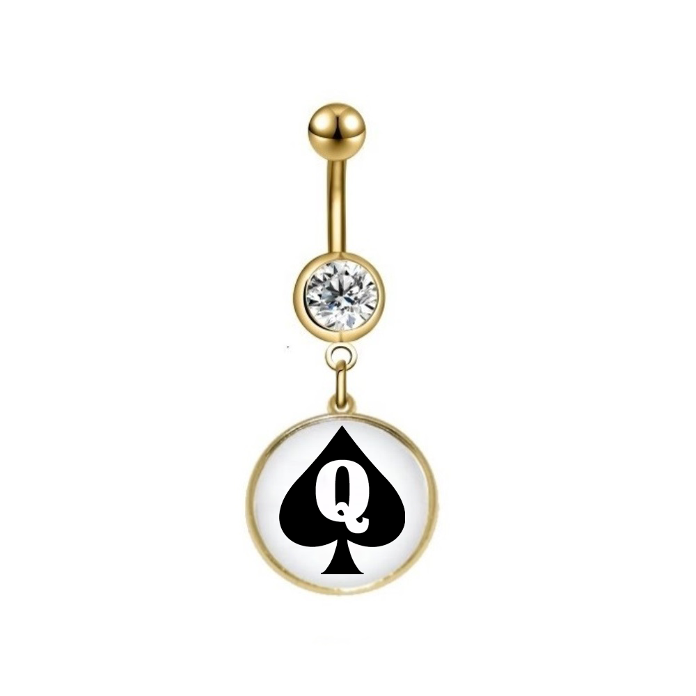 Navel Belly Button Bar Piercing - Queen of Spades Dome Style 1 Gold