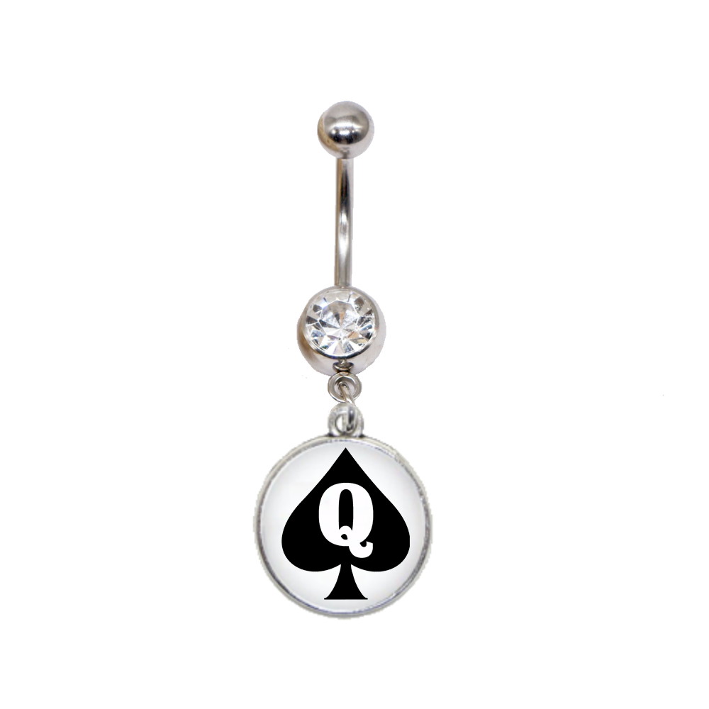 Navel Belly Button Bar Piercing - Queen of Spades Dome Style 1 Silver