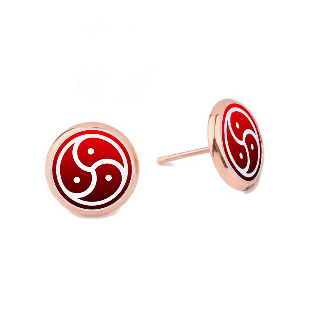 Red BDSM Bondage Triskelion Dome Stud Earrings Rose Gold Plated